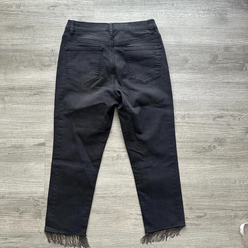 DG2 Diane Gilman Embelish Side Stripe Fringe-Hem cropped Jean Black Sz 6P